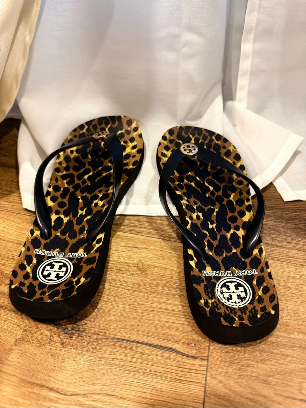 Tory Burch Leopard Print Flip Flop Sandals with Black Straps